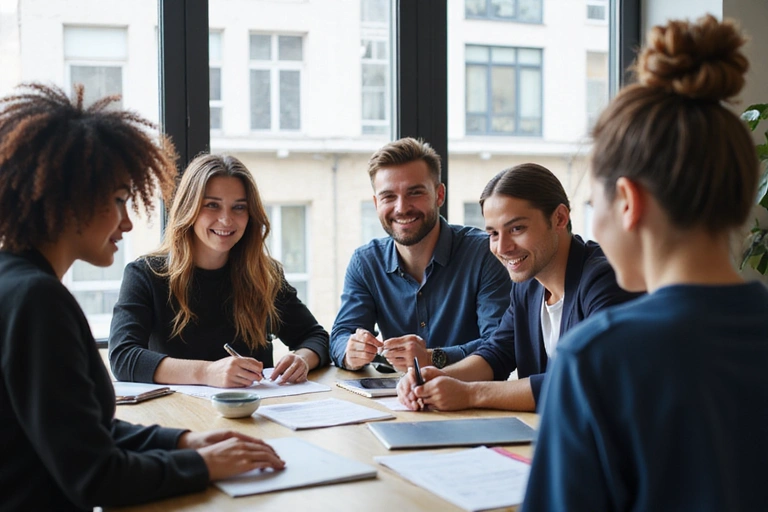 A group of diverse individuals collaborating in a modern, light-filled office space, symbolizing teamwork, innovation, and shared values.