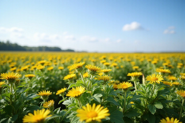 A vibrant field of natural botanicals under a clear sky, illustrating sustainable sourcing and healthy plant growth.