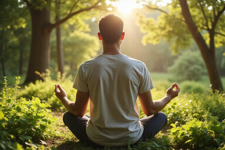 A serene image of a man meditating in nature, surrounded by lush green plants and natural light, symbolizing natural well-being and inner peace.