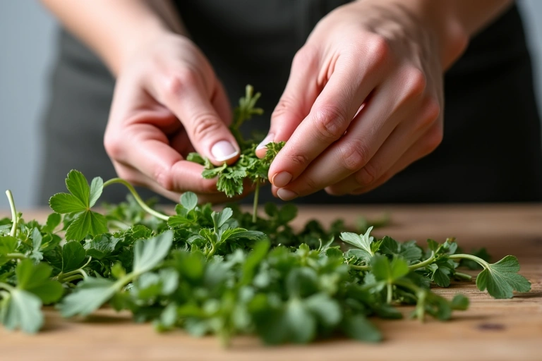 A close-up of a hand carefully sorting natural herbs on a wooden table, symbolizing quality control and natural ingredient sourcing.