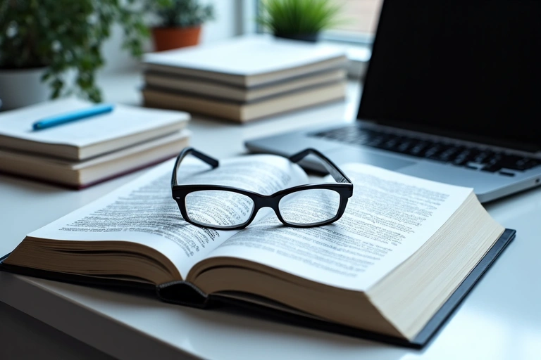 Books and scientific papers on a desk