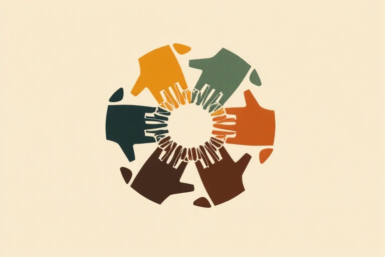 Fair trade symbol and diverse hands clasped
