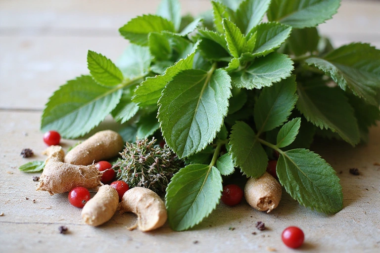 Green leaves and natural ingredients symbolizing purity