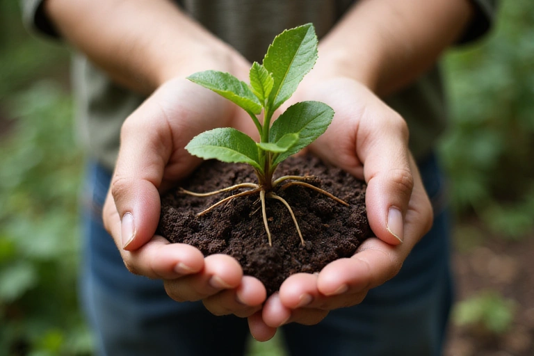 Hands holding a sapling in rich soil
