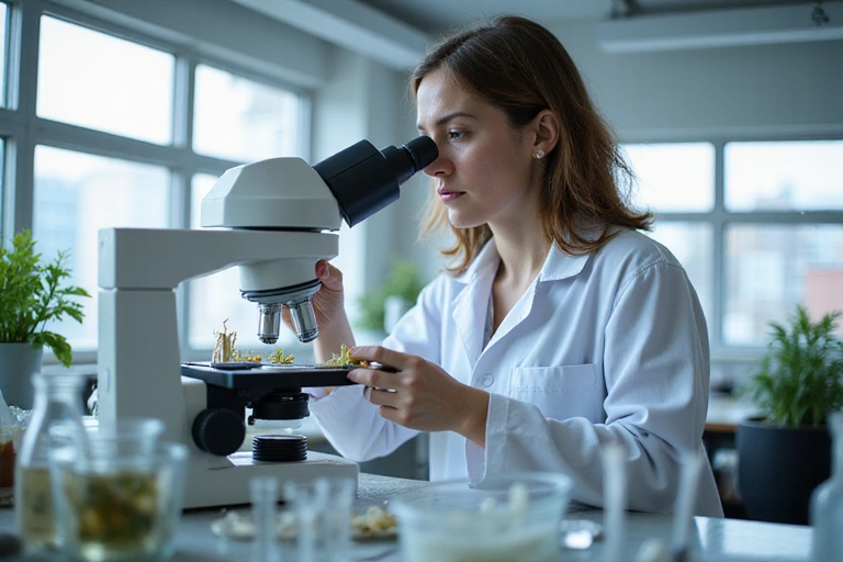 Scientist examining plant samples in a lab