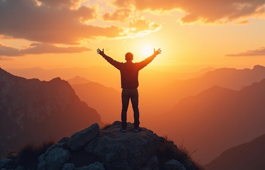 A man triumphantly standing atop a mountain, symbolizing overcoming challenges and success.