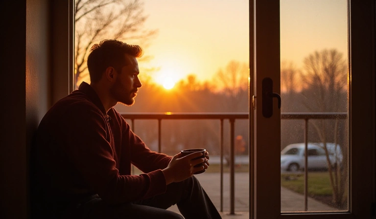 A man enjoying a peaceful sunrise, representing morning routines and mindfulness.