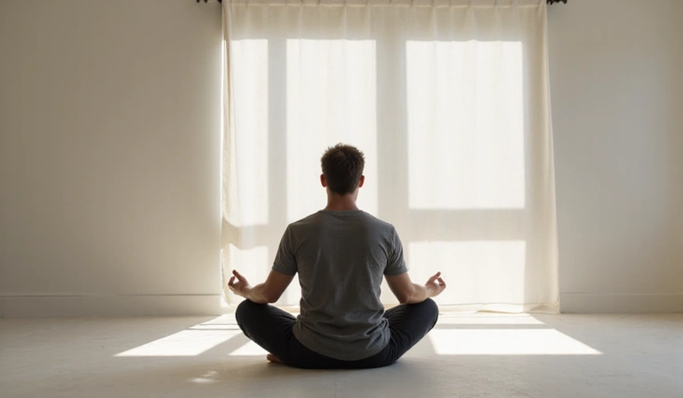 A person meditating calmly in a serene environment, symbolizing stress management.