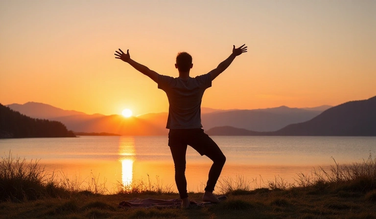 A man practicing yoga outdoors, emphasizing flexibility and holistic fitness.