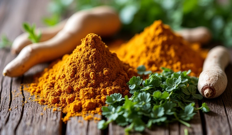 Various natural ingredients like herbs and roots, representing natural health solutions.