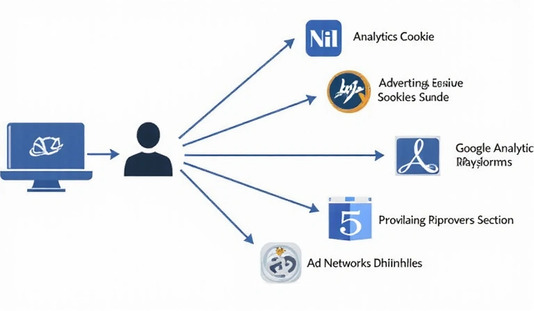 Diagram showing data flow from a user's device through different types of cookies to various third-party services like analytics and advertising platforms