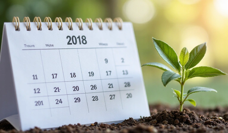 Calendar with marked dates and a plant growing