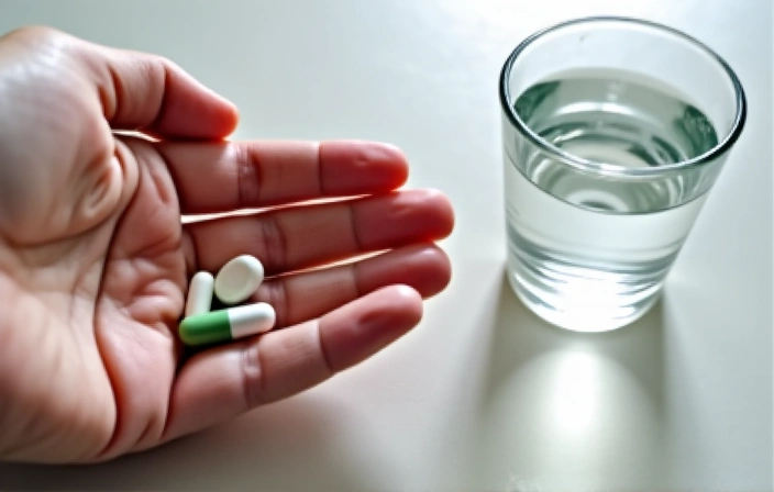 A person taking two capsules with a glass of water